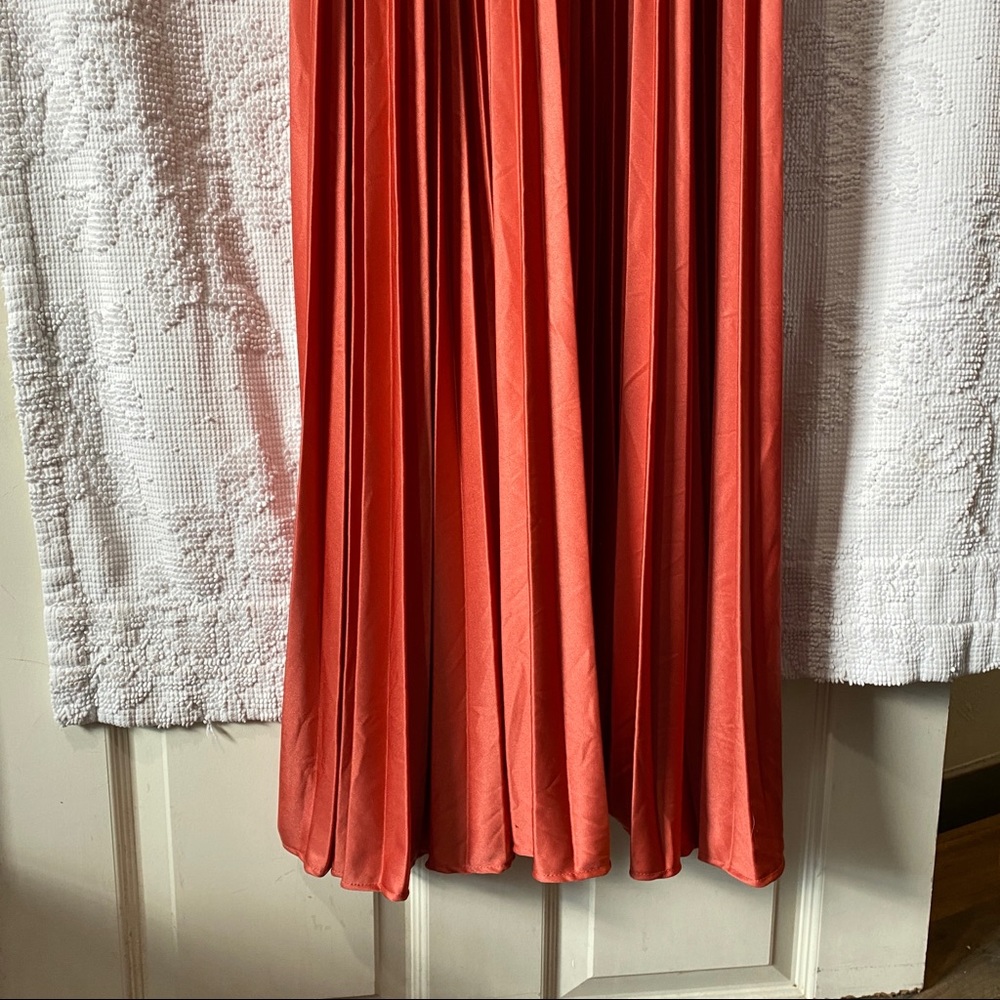 Vintage 70's Pleated Maxi Dress Off the Shoulder Sleeve Crochet Trim Satin - Picture 6 of 16